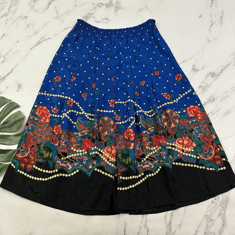 Diane Freis Womens Vintage 90s Skirt Size L P Silk Blue Red Paisley Polka Dot